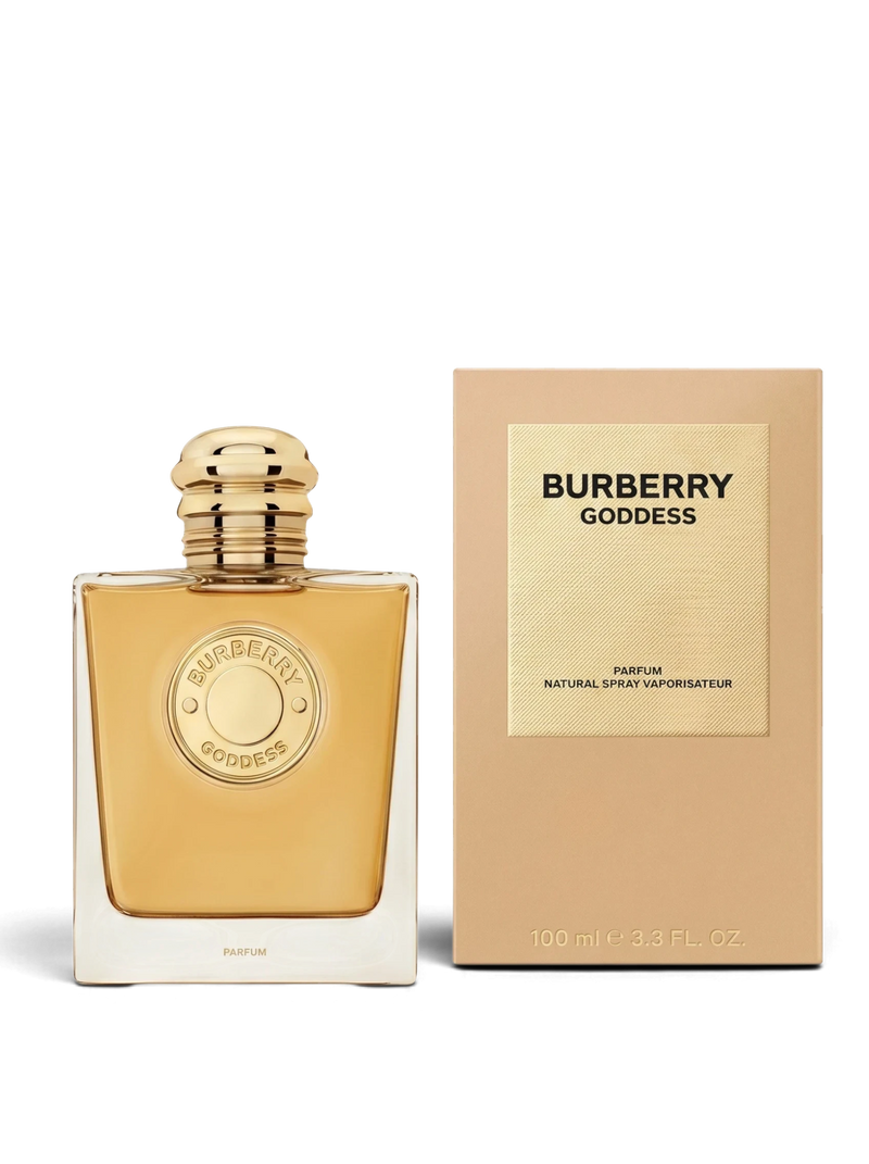 euaden Burberry Goddess Parfum 100 ml kadın parfümü, altın rengi şık cam şişesi ve özel kutusuyla sunuluyor.