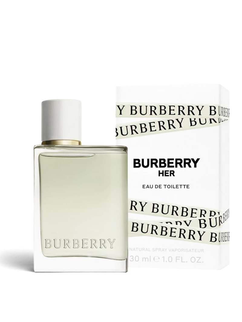 euaden Burberry Her EDT kadın parfümü, şık cam şişesi ve beyaz markalı kutusu ile zarif bir çiçeksi koku.