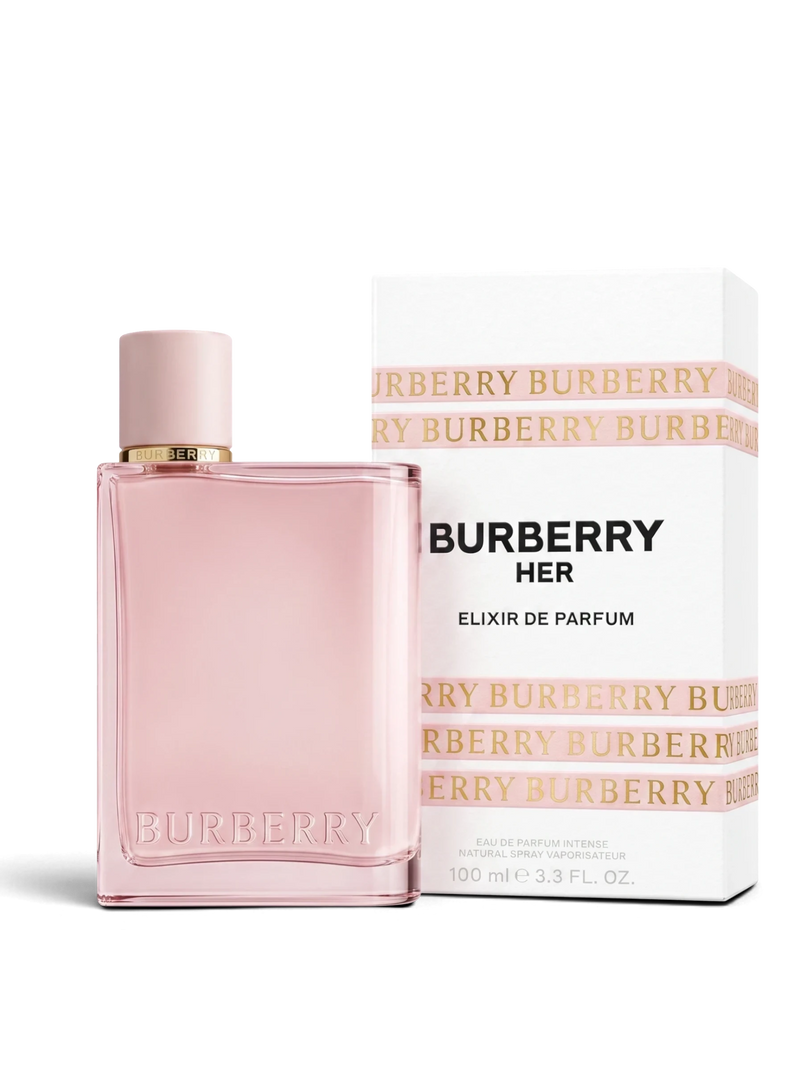 euaden Burberry Her Elixir 100 ml kadın parfümü, şık pembe cam şişesi ve beyaz kutusu ile gurme ve çiçeksi koku.