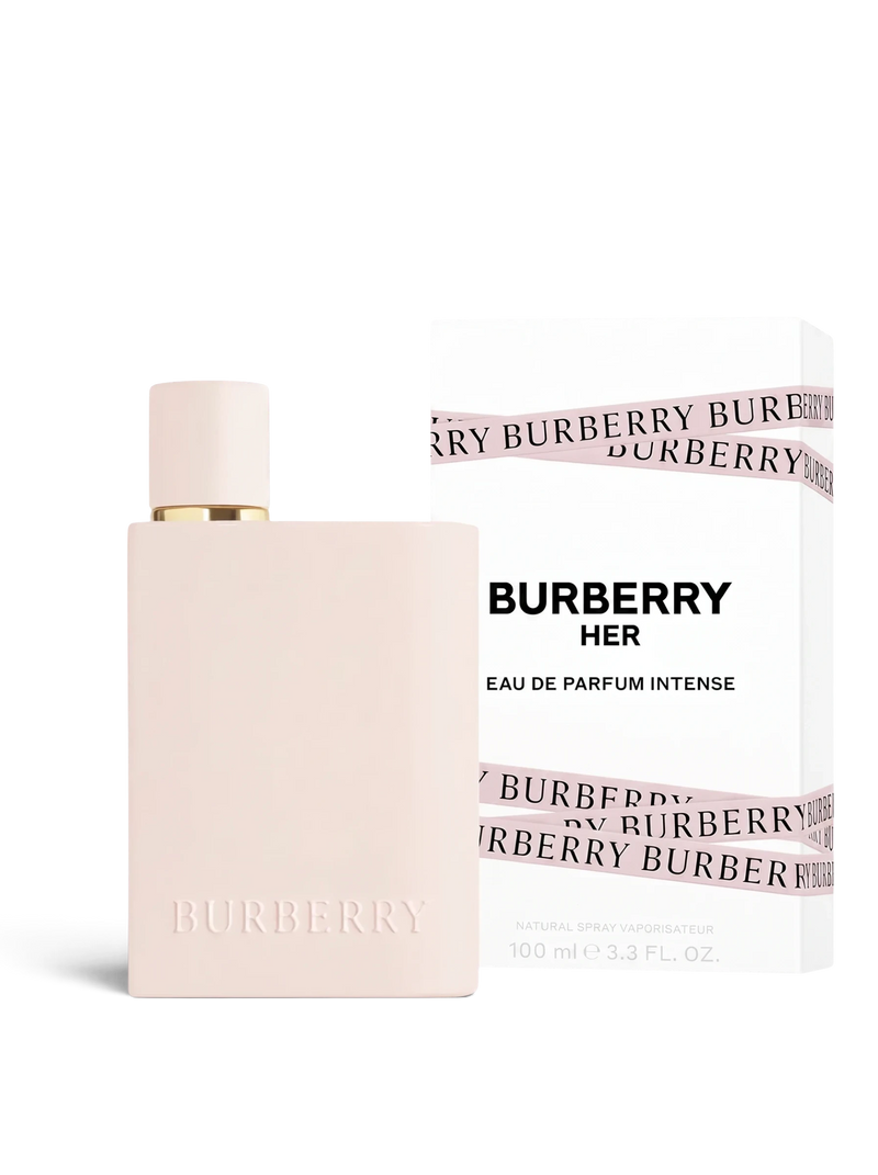 euaden Burberry Her Intense kadın parfümü, 100 ml şık pembe şişesi ve beyaz kutusu ile