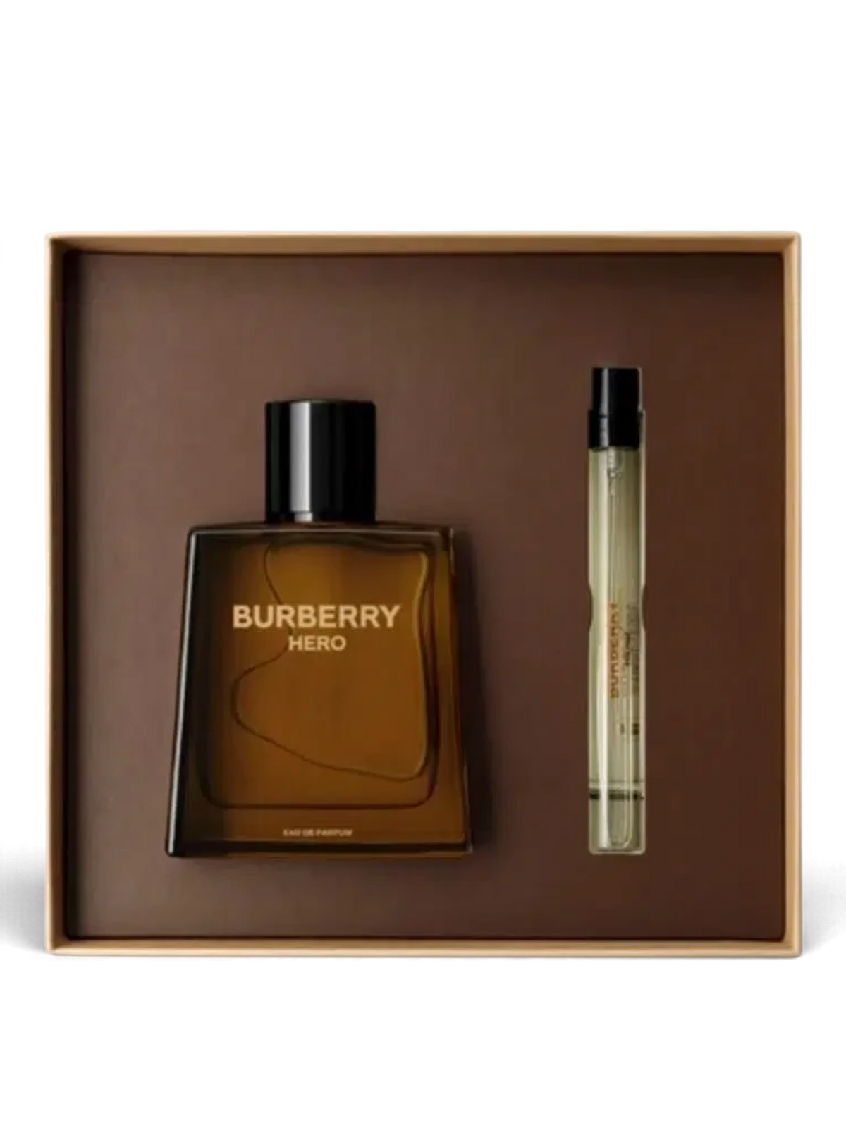 euaden Burberry Hero erkek parfüm hediye seti, 100ml EDP şişe ve 10ml seyahat boyu parfüm içeren şık kutu tasarımı.