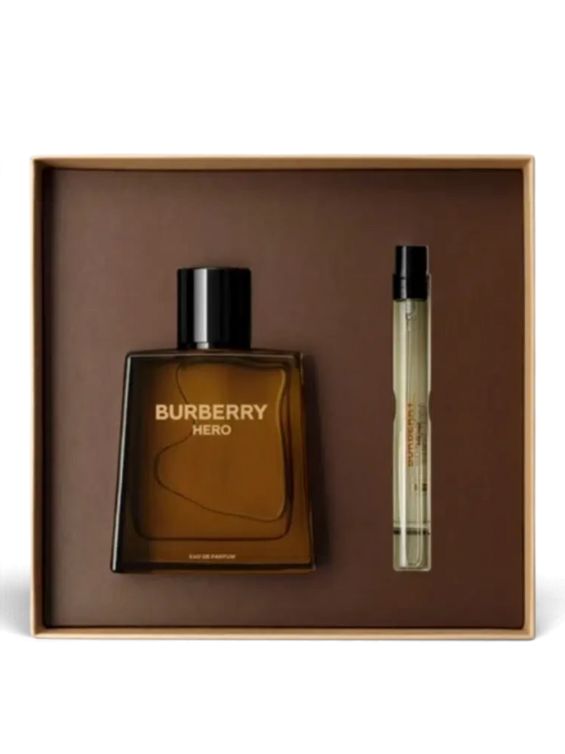 euaden Burberry Hero erkek parfüm hediye seti, 100ml EDP şişe ve 10ml seyahat boyu parfüm içeren şık kutu tasarımı.
