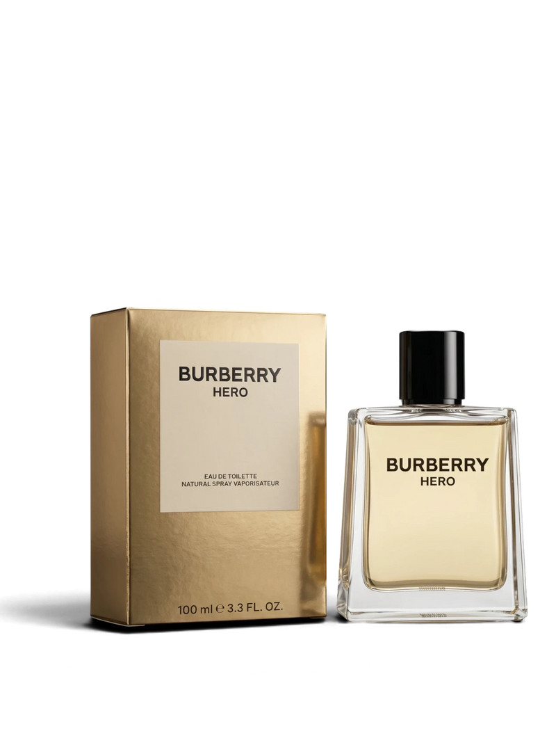 Euaden Burberry Hero erkek parfümü, şık cam şişesi ve altın rengi kutusu ile birlikte sunulan odunsu ferah koku.