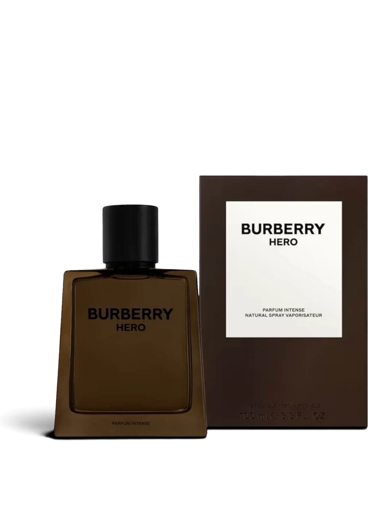 euaden Burberry Hero Intense erkek parfüm şişesi ve koyu kahverengi kutusu, odunsu ve baharatlı maskülen koku
