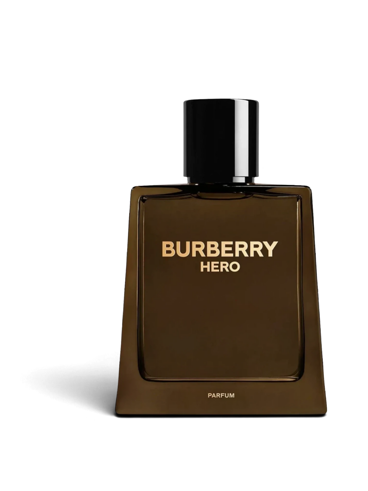 Euaden Burberry Hero Parfum erkek parfümü, koyu kahverengi cam şişesi ve altın rengi yazılarıyla sofistike tasarım.
