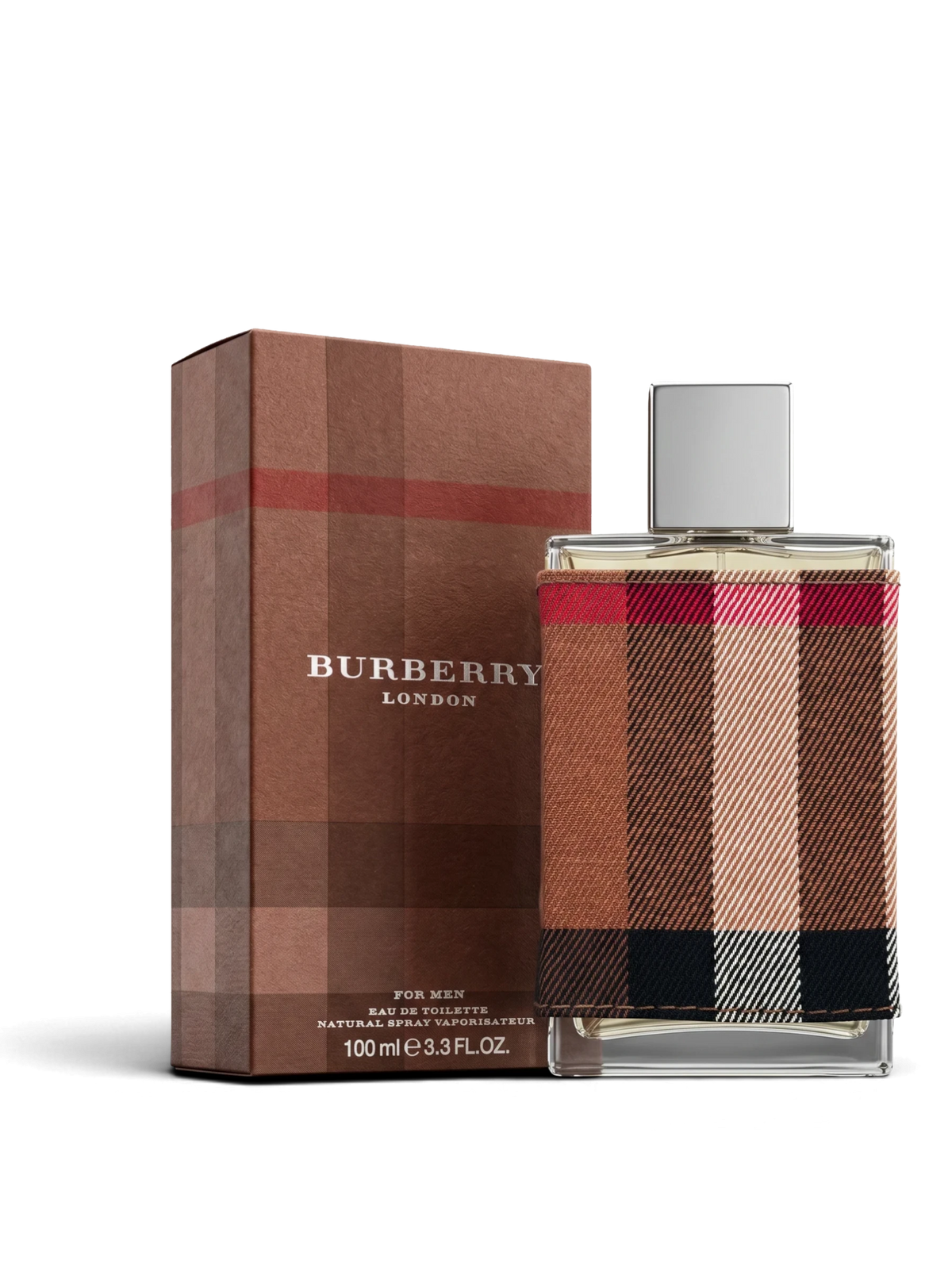 euaden Burberry London erkek parfümü 100 ml, ikonik ekose desenli kumaş kaplamalı şişe ve uyumlu kutusu ile