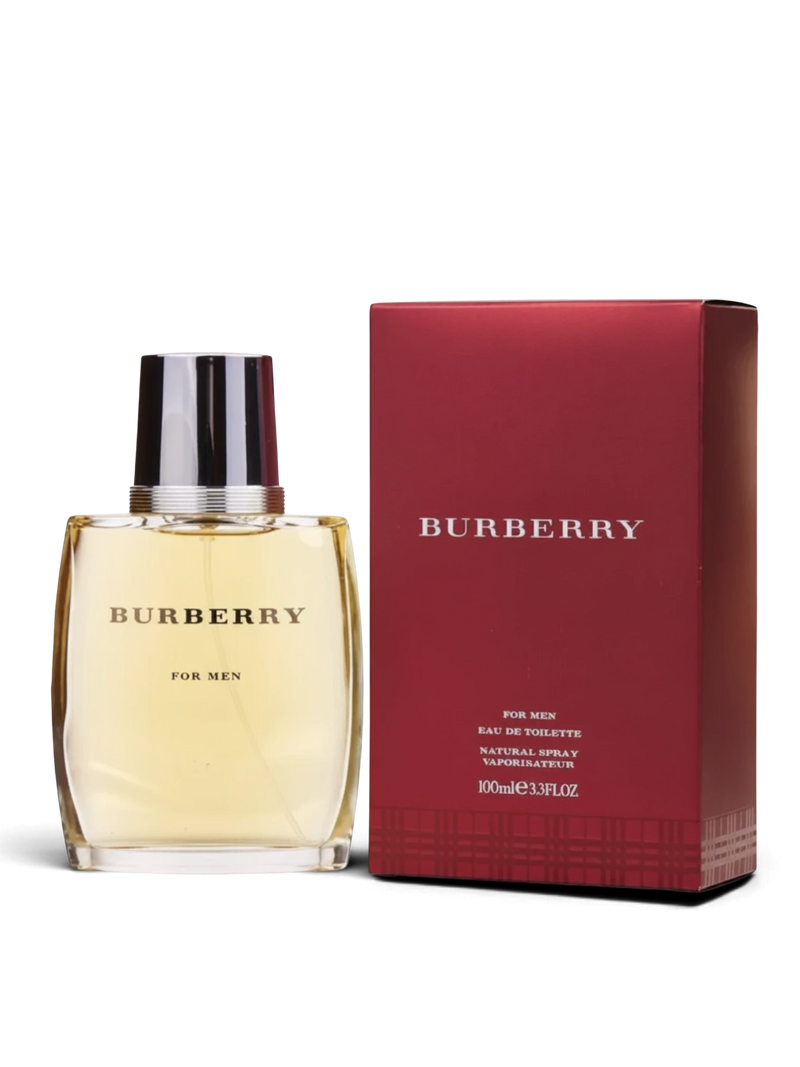 euaden Burberry Men EDT 100 ml erkek parfümü, şık cam şişesi ve ikonik bordo renkli kutusuyla sergileniyor.
