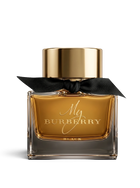 Euaden Burberry My Black EDP kadın parfümü, altın rengi şişesi ve zarif siyah kurdele detayı ile lüks parfüm şişesi.