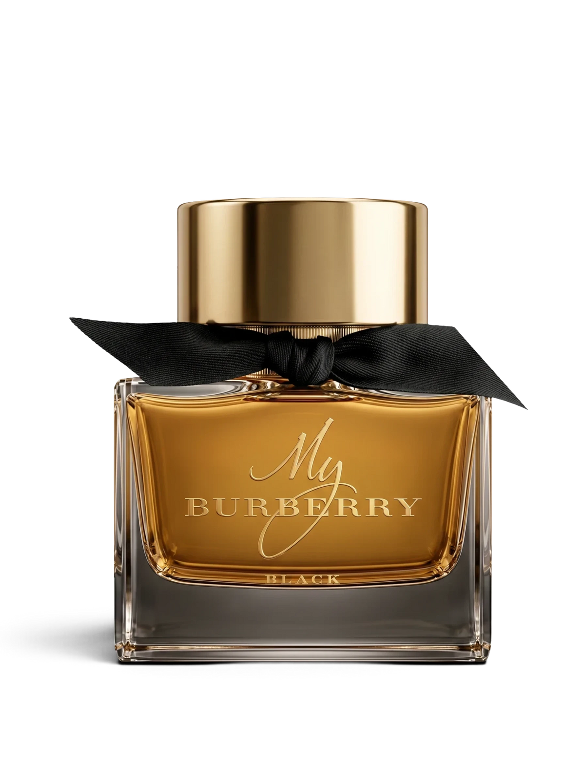 Euaden Burberry My Black EDP kadın parfümü, altın rengi şişesi ve zarif siyah kurdele detayı ile lüks parfüm şişesi.