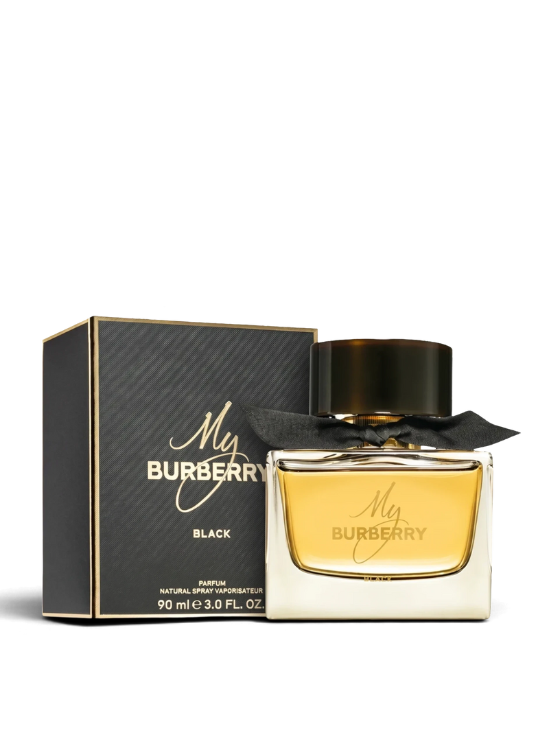 Euaden Burberry My Black EDP parfüm şişesi ve siyah kutusu, kehribar renkli parfüm ve şık siyah kurdele detayı ile.