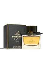 Euaden Burberry My Black EDP parfüm şişesi ve siyah kutusu, kehribar renkli parfüm ve şık siyah kurdele detayı ile.