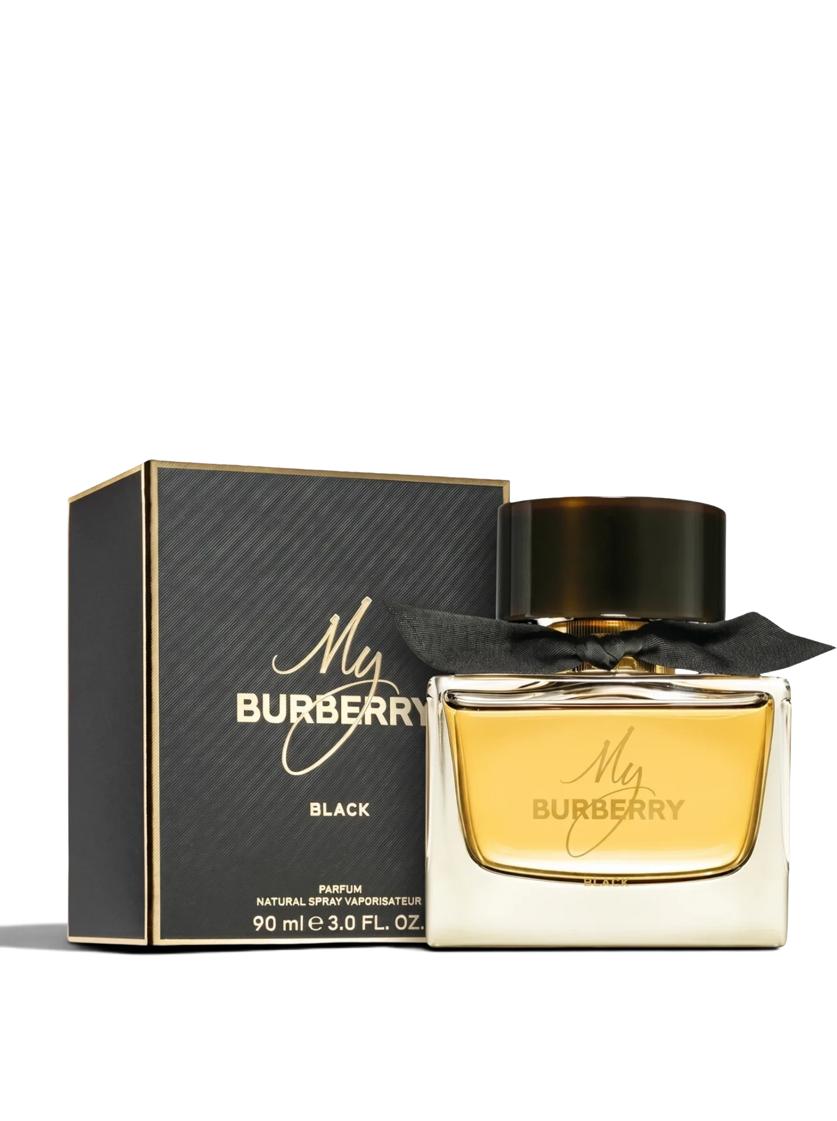 Euaden Burberry My Black EDP parfüm şişesi ve siyah kutusu, kehribar renkli parfüm ve şık siyah kurdele detayı ile.