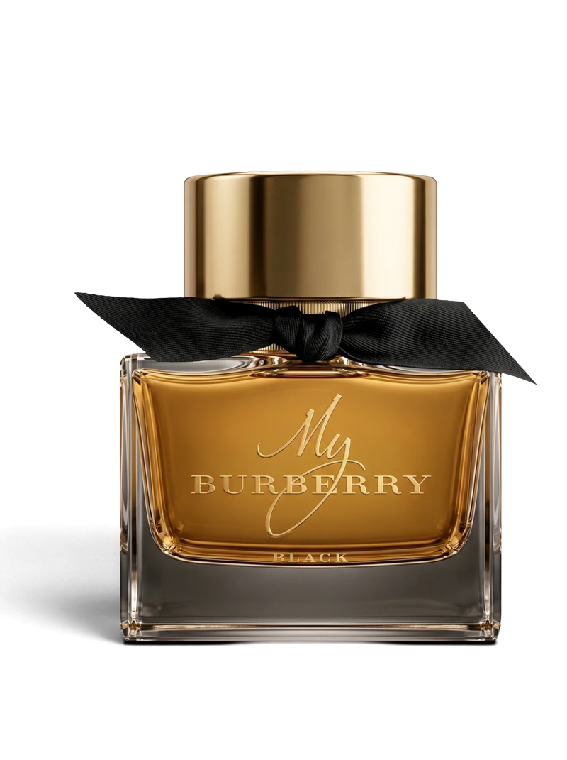 Euaden Burberry My Black EDP kadın parfümü, altın rengi şişesi ve zarif siyah kurdele detayı ile lüks parfüm şişesi.