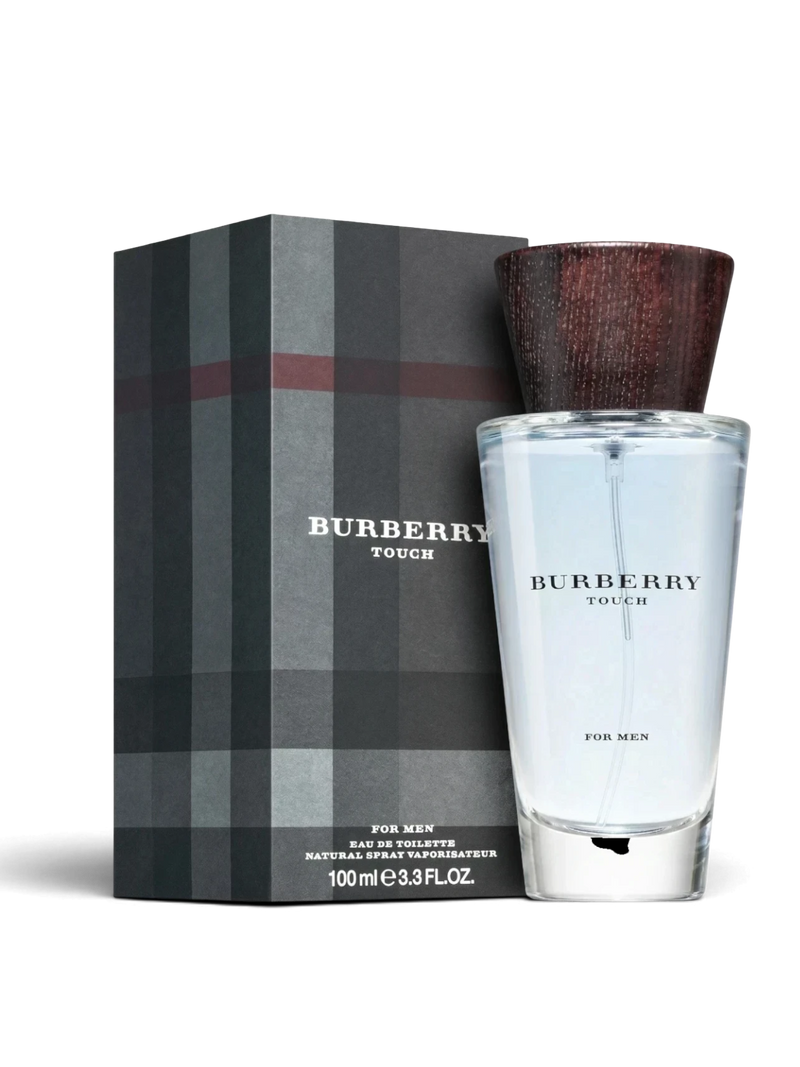 euaden Burberry Touch Men EDT 100 ml erkek parfümü, ikonik ekose desenli kutusu ve ahşap kapaklı şık cam şişesi