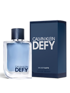euaden Calvin Klein Defy erkek parfümü, 100 ml cam şişe ve lacivert kutusu ile modern ve maskülen bir tasarım.