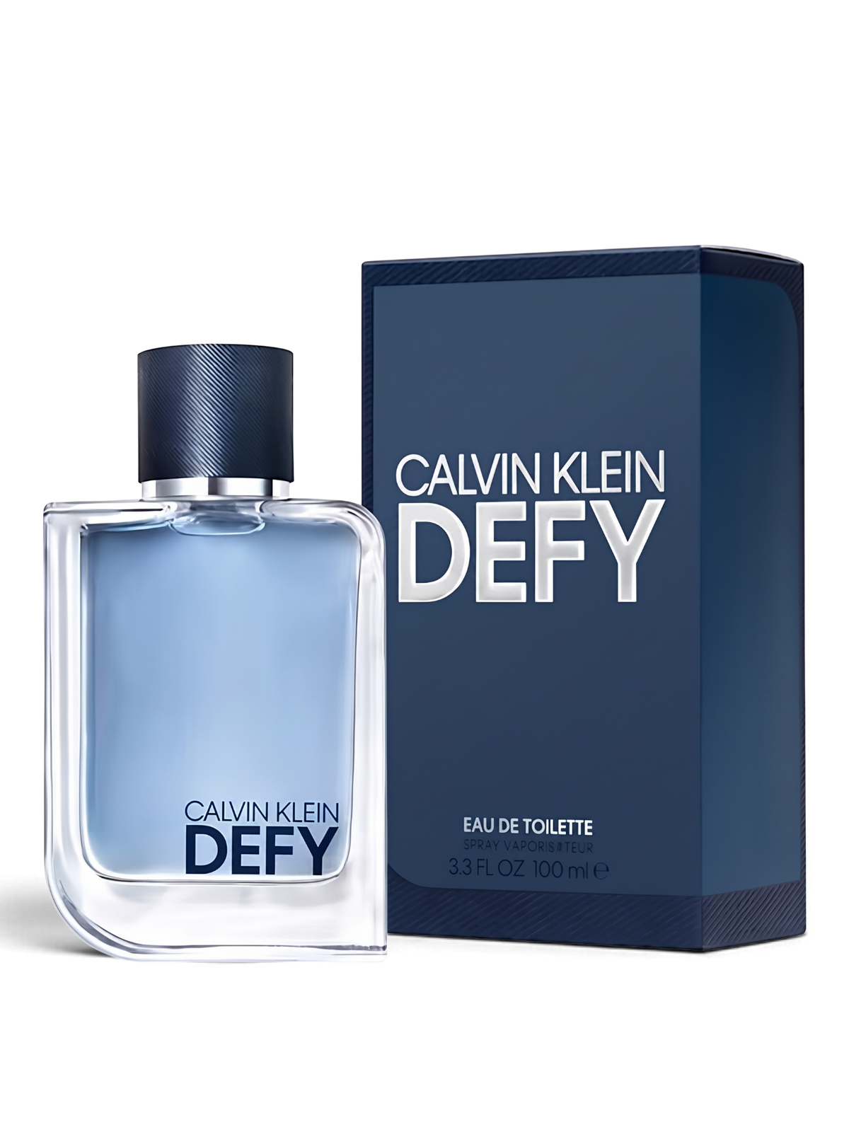 euaden Calvin Klein Defy erkek parfümü, 100 ml cam şişe ve lacivert kutusu ile modern ve maskülen bir tasarım.