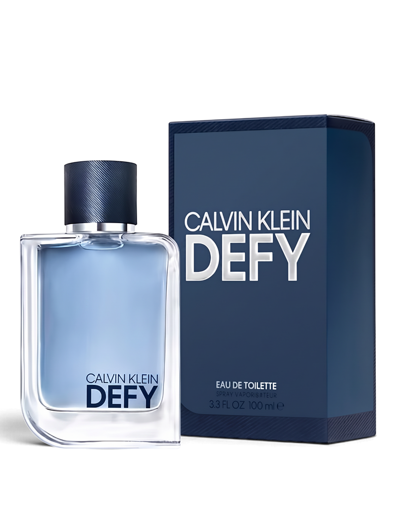 euaden Calvin Klein Defy erkek parfümü, 100 ml cam şişe ve lacivert kutusu ile modern ve maskülen bir tasarım.