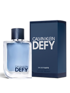 euaden Calvin Klein Defy erkek parfümü, 100 ml cam şişe ve lacivert kutusu ile modern ve maskülen bir tasarım.