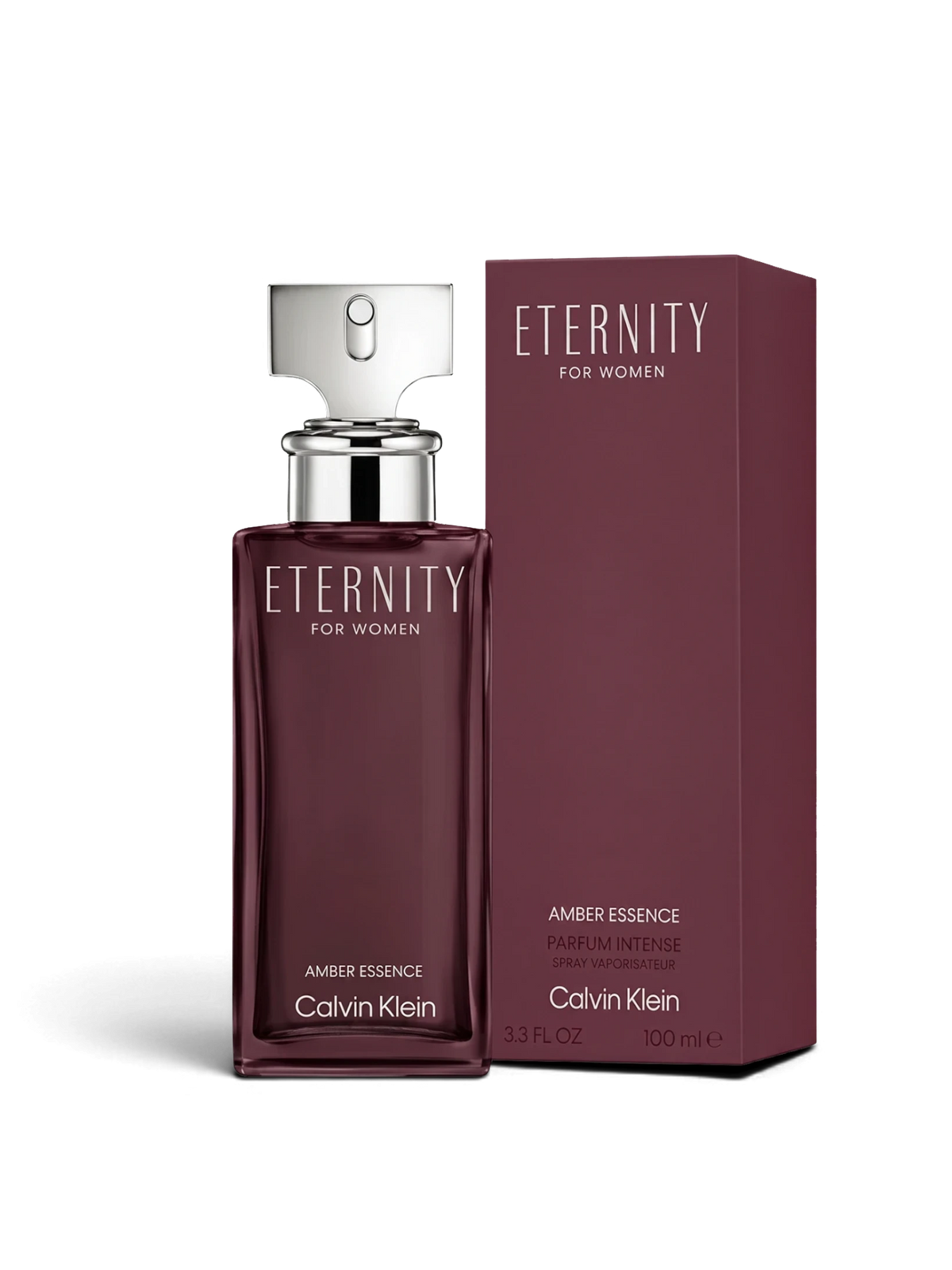 euaden Calvin Klein Eternity Amber Essence kadın parfümü, 100 ml koyu mor cam şişe ve uyumlu kutusu ile