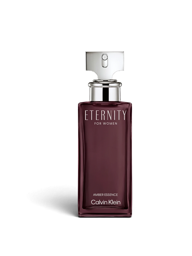 euaden Calvin Klein Eternity Amber Essence kadın parfümü, koyu mor cam şişesi ve gümüş detaylı kapağıyla 100 ml