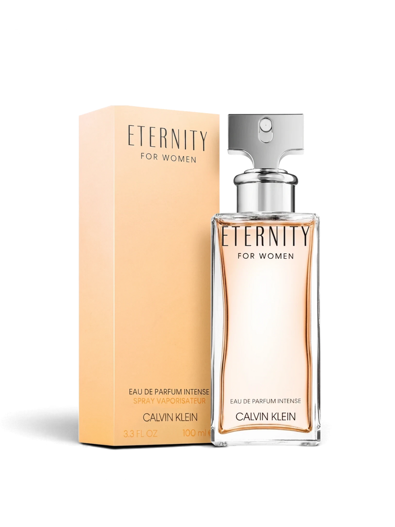 euaden Calvin Klein Eternity Woman Intense 100 ml parfüm şişesi ve şeftali tonlarında kutusu