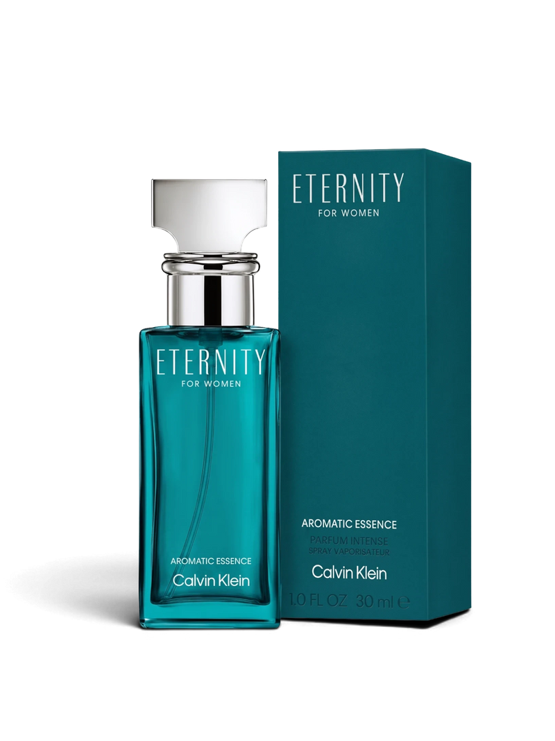 euaden Calvin Klein Eternity Aromatic Essence kadın parfümü, turkuaz cam şişesi ve uyumlu kutusu ile