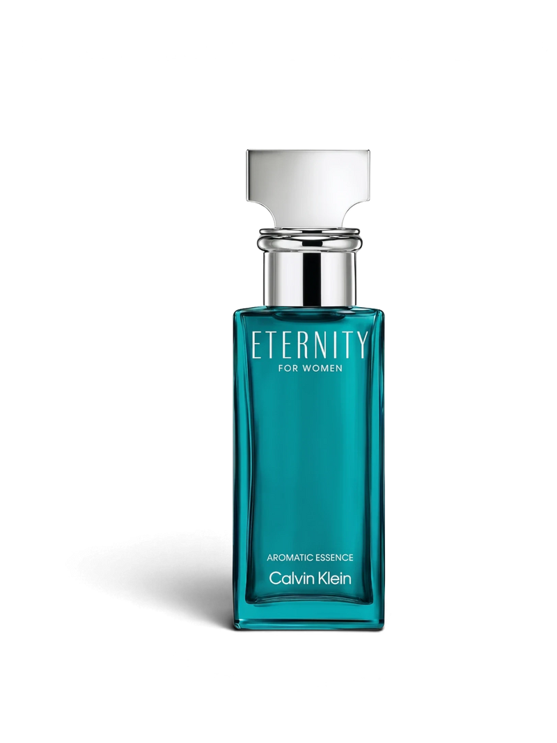 euaden Calvin Klein Eternity Aromatic Essence kadın parfümü, şık turkuaz cam şişesi ve gümüş kapak detaylarıyla