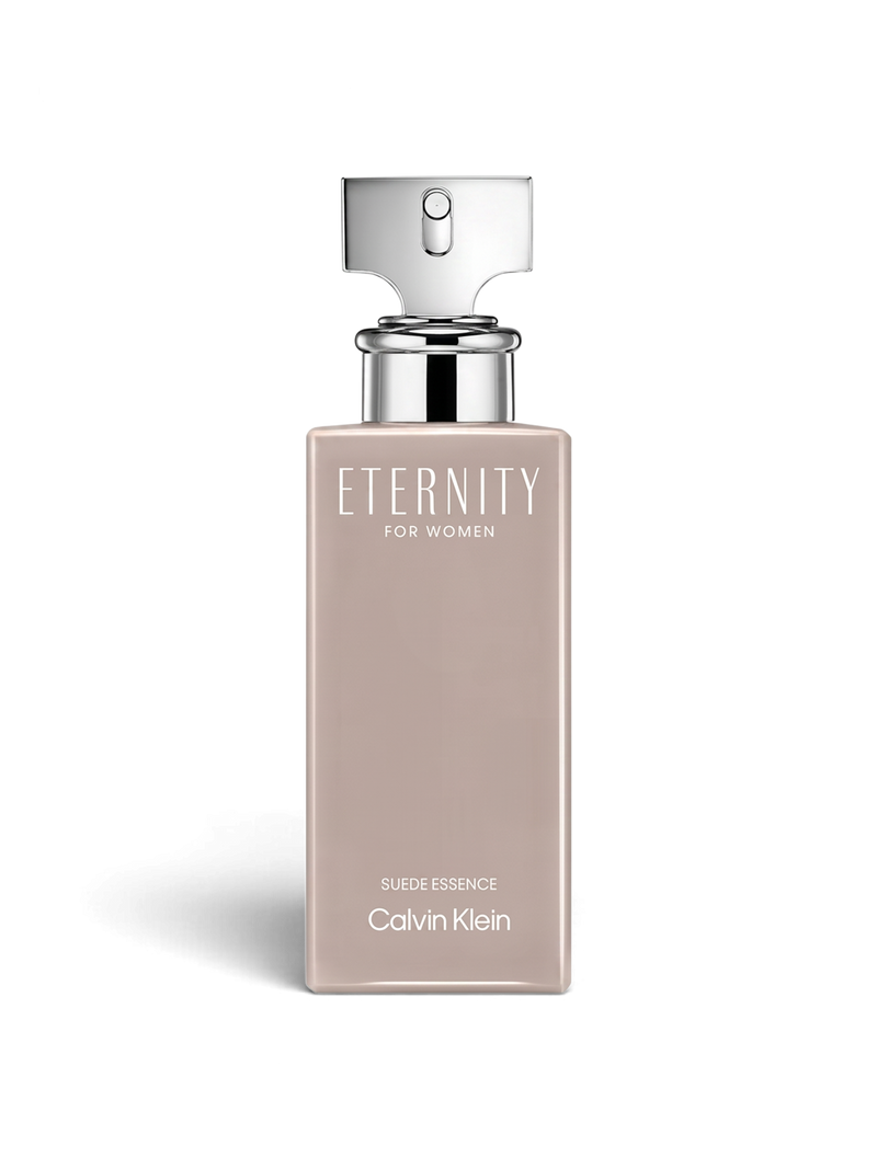 euaden Calvin Klein Eternity Suede Essence kadın parfümü, 100 ml şık bej şişe tasarımı ve gümüş kapak detayı