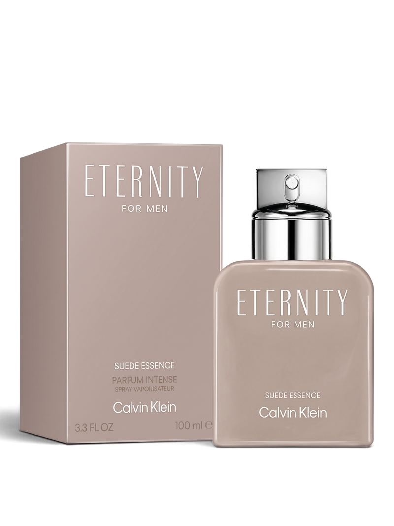 euaden Calvin Klein Eternity Suede Essence erkek parfümü, 100 ml şık bej şişe ve kutu tasarımı