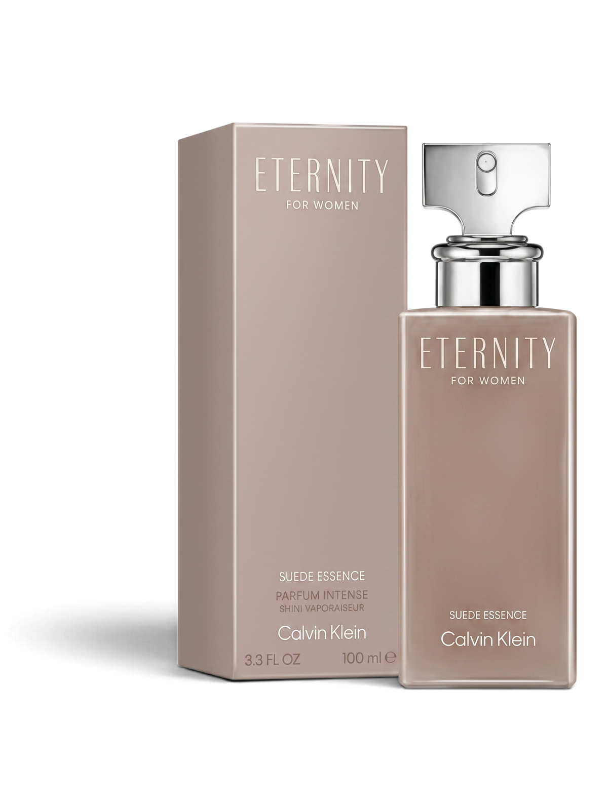 euaden Calvin Klein Eternity Suede Essence kadın parfümü, 100 ml şık bej şişesi ve uyumlu kutusu ile