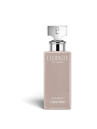 euaden Calvin Klein Eternity Suede Essence kadın parfümü, 100 ml şık bej şişe tasarımı ve gümüş kapak detayı