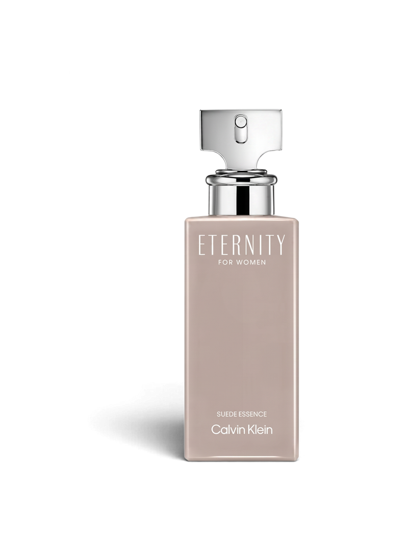 euaden Calvin Klein Eternity Suede Essence kadın parfümü, 100 ml şık bej şişe tasarımı ve gümüş kapak detayı