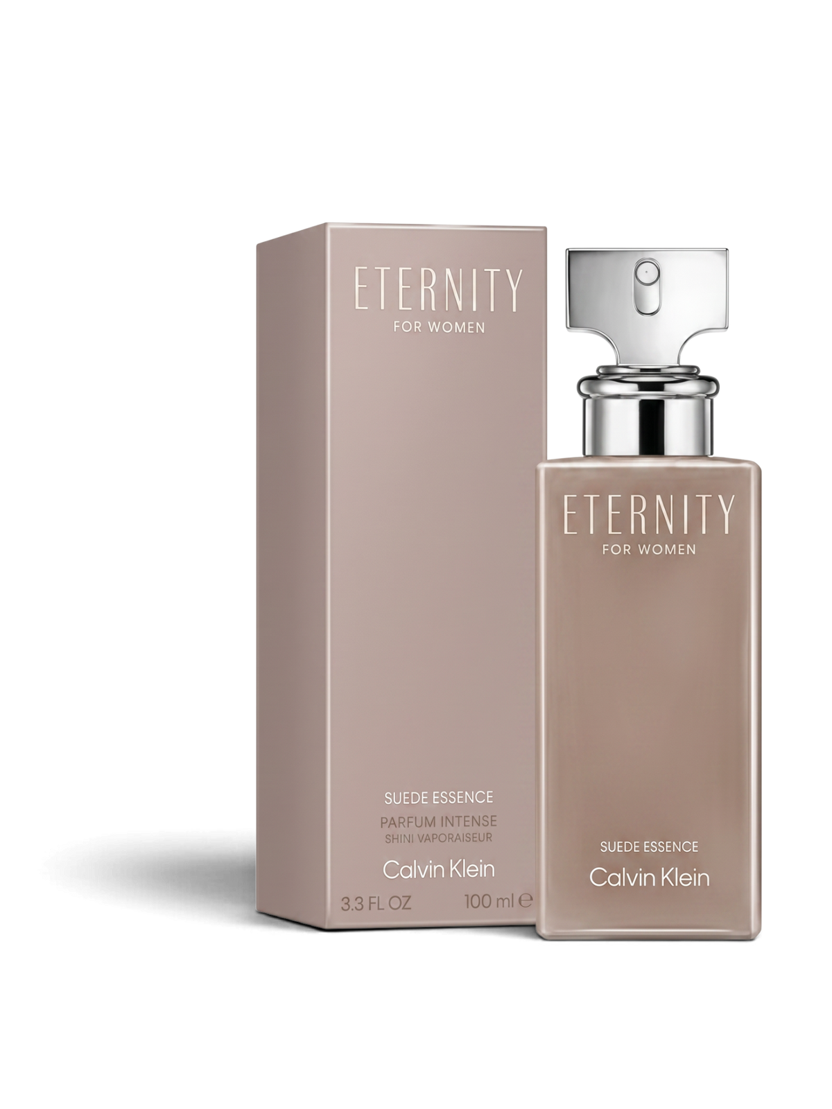 euaden Calvin Klein Eternity Suede Essence kadın parfümü, 100 ml şık bej şişesi ve uyumlu kutusu ile