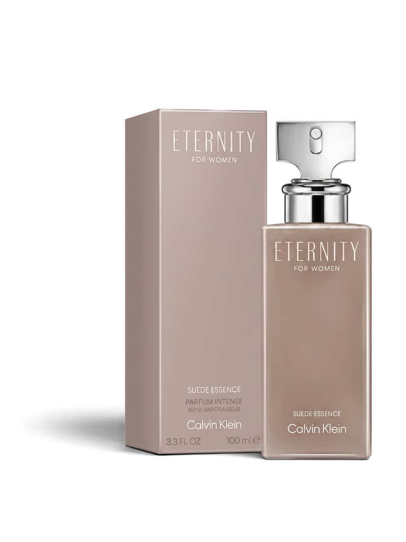 euaden Calvin Klein Eternity Suede Essence kadın parfümü, 100 ml şık bej şişesi ve uyumlu kutusu ile