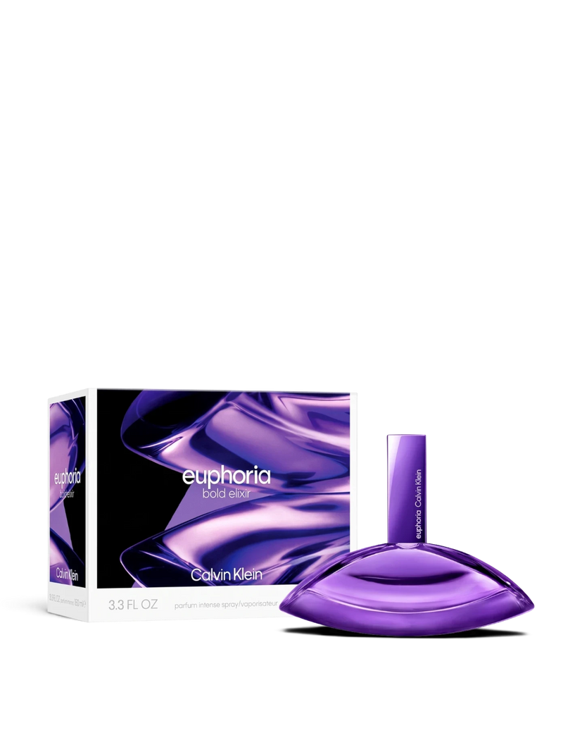 euaden Calvin Klein Euphoria Bold Elixir kadın parfümü, mor kavisli cam şişesi ve uyumlu kutu tasarımı ile