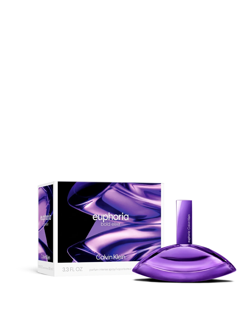 euaden Calvin Klein Euphoria Bold Elixir kadın parfümü, mor kavisli cam şişesi ve uyumlu kutu tasarımı ile