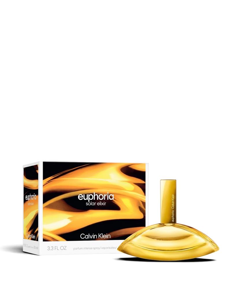 euaden Calvin Klein Euphoria Solar Elixir kadın parfümü, altın rengi kavisli şişesi ve güneş temalı kutusu ile