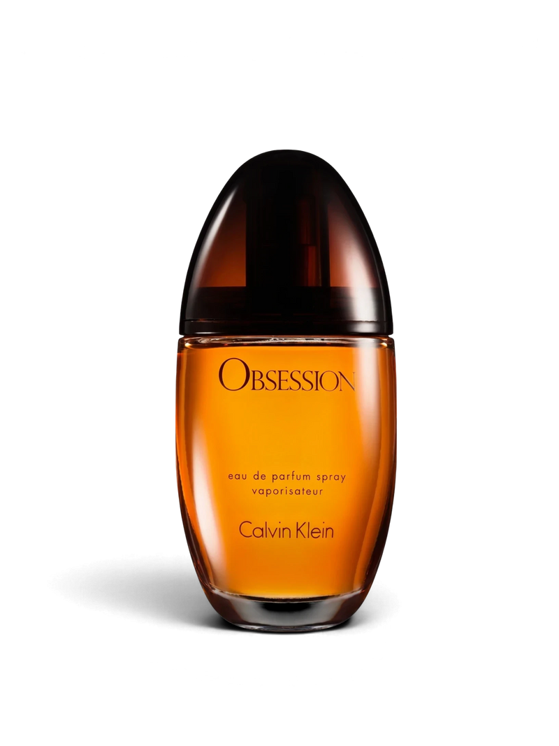 euaden Calvin Klein Obsession kadın parfümü, kehribar rengi cam şişesi ve ikonik oryantal koku tasarımıyla