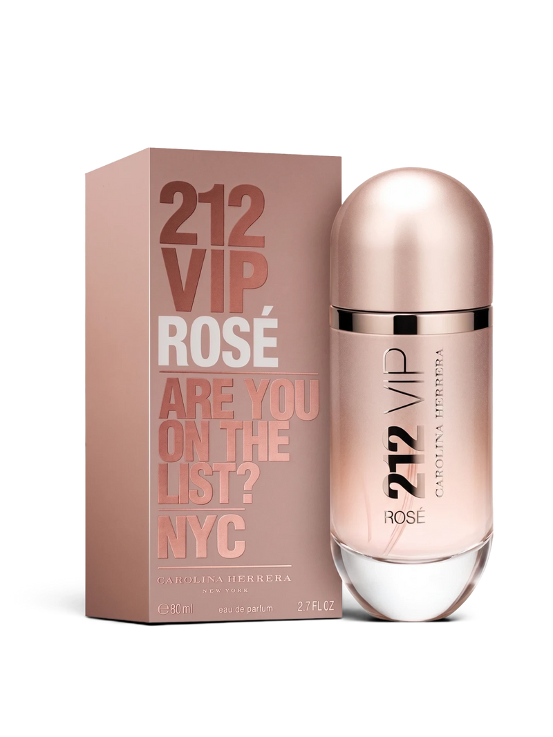Euaden koleksiyonundan Carolina Herrera 212 VIP Rosé kadın parfümü, şık metalik pembe şişesi ve uyumlu kutusuyla.