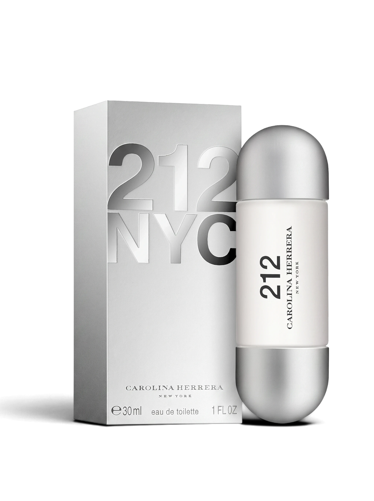 Euaden koleksiyonundan Carolina Herrera 212 Woman EDT parfüm şişesi ve gümüş renkli kutusu