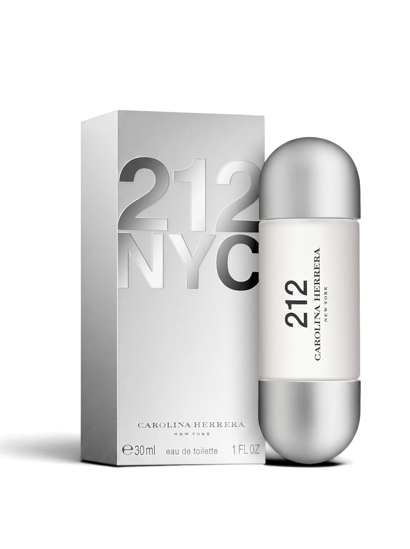 Euaden koleksiyonundan Carolina Herrera 212 Woman EDT parfüm şişesi ve gümüş renkli kutusu