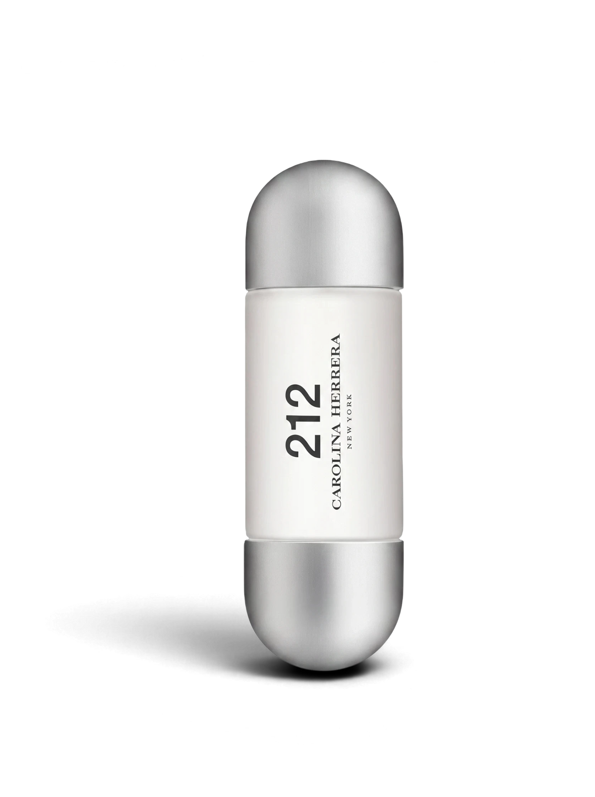 Euaden koleksiyonundan beyaz mat cam ve metalik kapaklı ikonik silindirik Carolina Herrera 212 Woman EDT parfüm şişesi