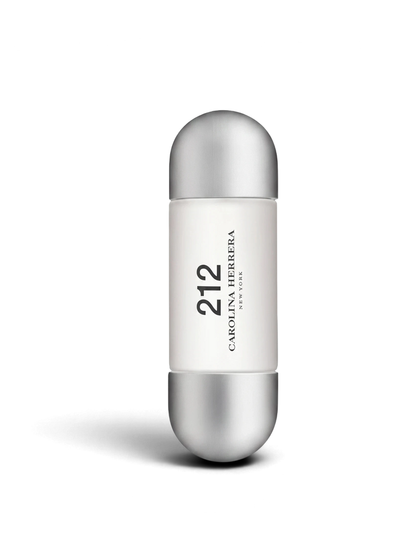 Euaden koleksiyonundan beyaz mat cam ve metalik kapaklı ikonik silindirik Carolina Herrera 212 Woman EDT parfüm şişesi