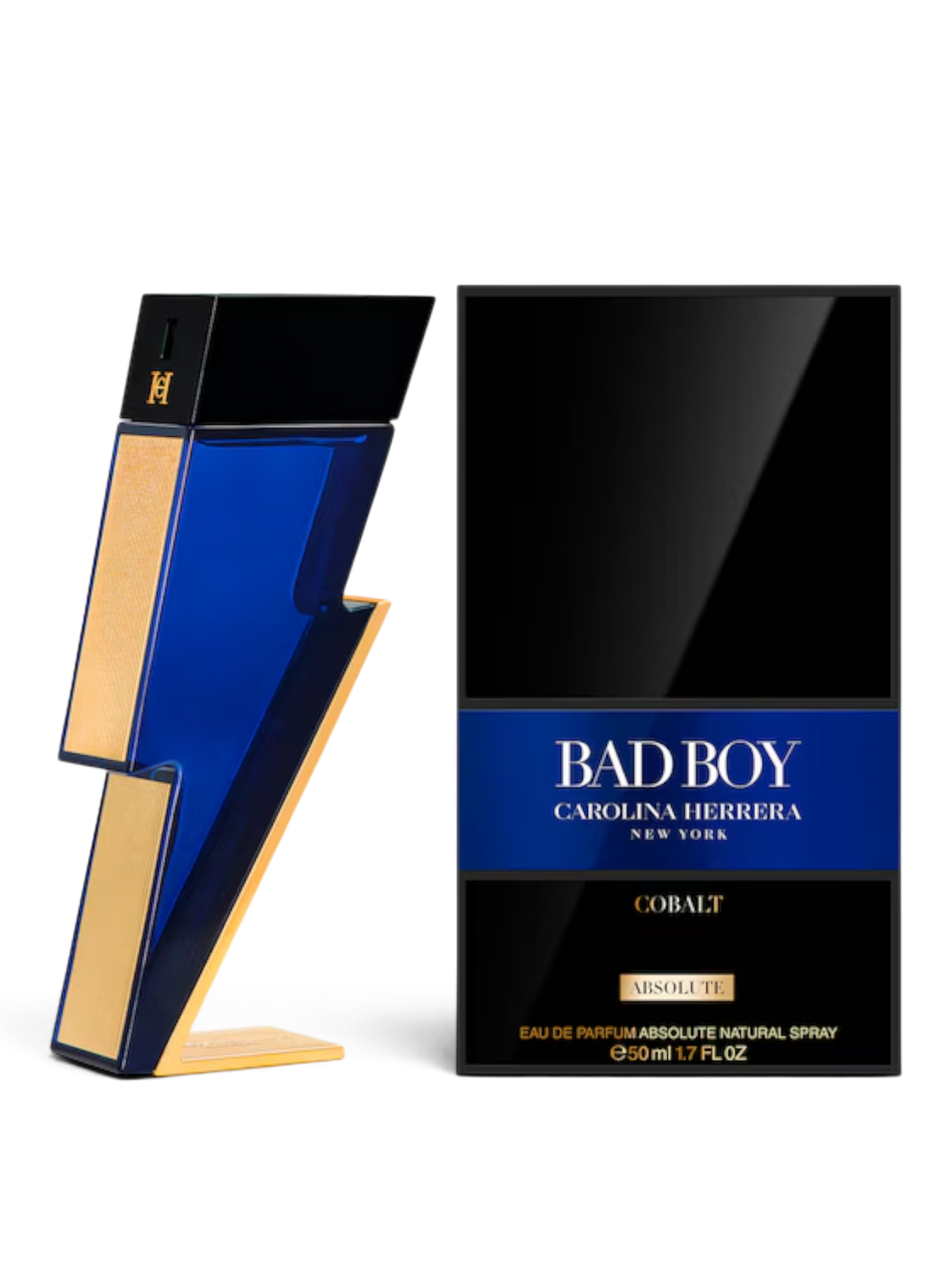 Euaden tarafından sunulan, ikonik şimşek formunda mavi ve altın renkli Carolina Herrera Bad Boy Cobalt erkek parfümü.