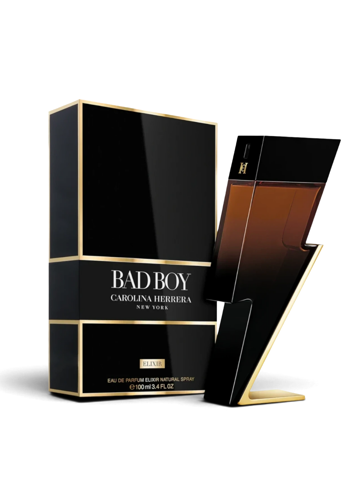 euaden satışı olan, siyah ve altın detaylı şimşek formunda Carolina Herrera Bad Boy Elixir erkek parfüm şişesi ve kutusu