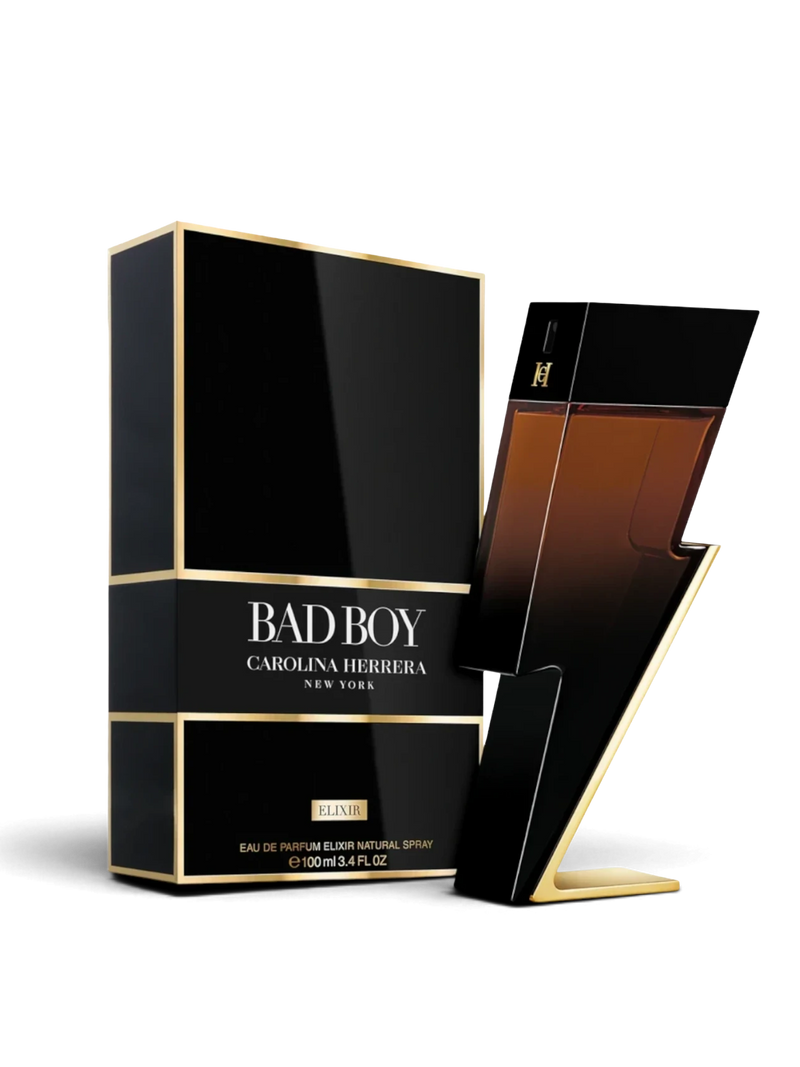euaden satışı olan, siyah ve altın detaylı şimşek formunda Carolina Herrera Bad Boy Elixir erkek parfüm şişesi ve kutusu