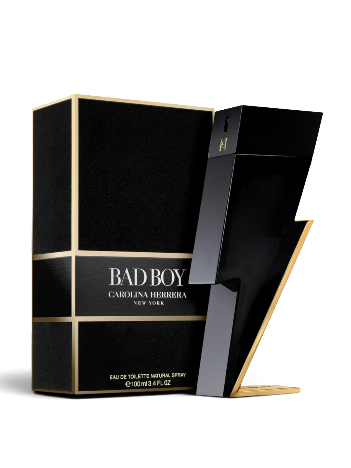 Euaden koleksiyonundan şimşek formunda siyah şişeli Carolina Herrera Bad Boy erkek parfümü ve kutusu.