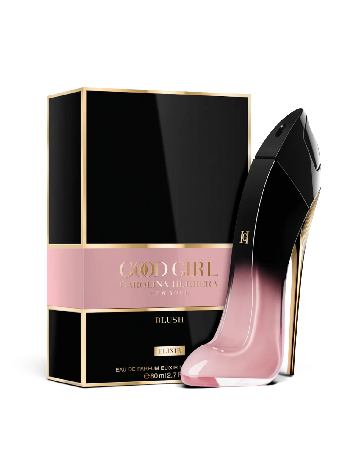 euaden tarafından sunulan, pembe ve siyah renkli ikonik stiletto şişeli Carolina Herrera Good Girl Blush Elixir parfüm