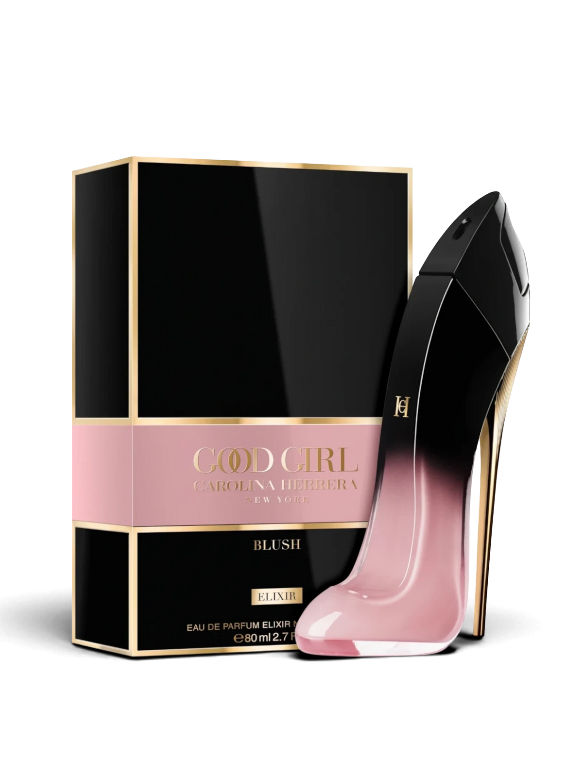 euaden tarafından sunulan, pembe ve siyah renkli ikonik stiletto şişeli Carolina Herrera Good Girl Blush Elixir parfüm