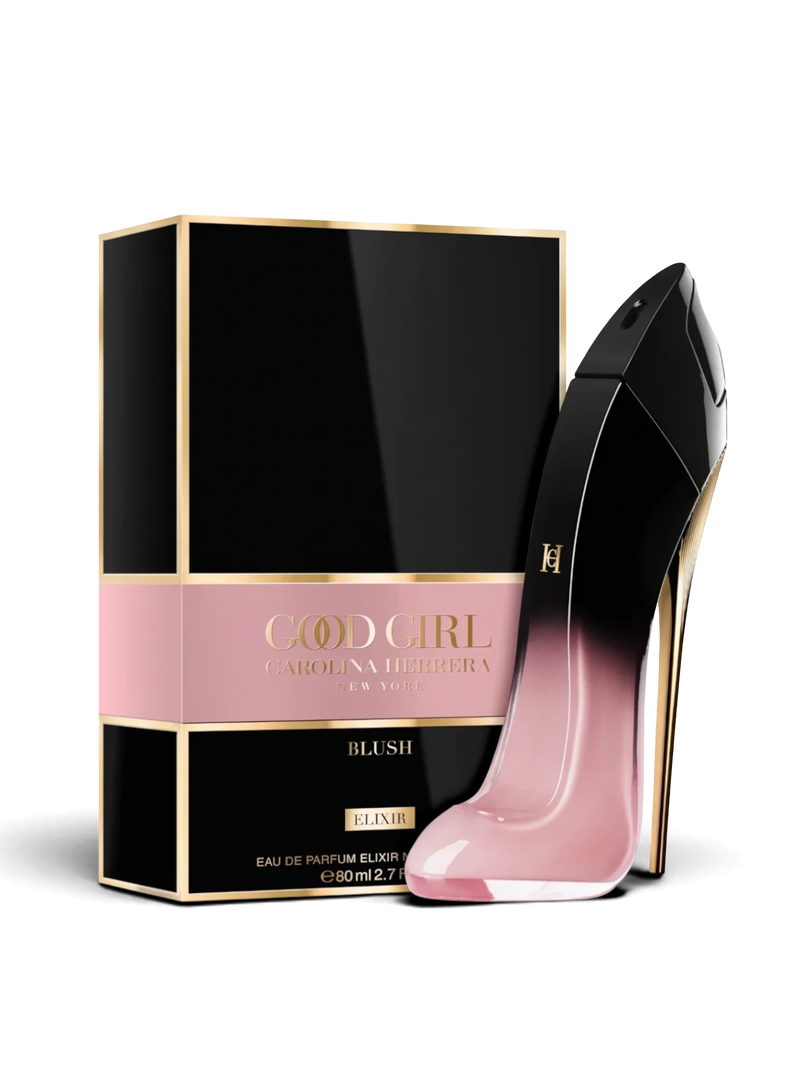 euaden tarafından sunulan, pembe ve siyah renkli ikonik stiletto şişeli Carolina Herrera Good Girl Blush Elixir parfüm